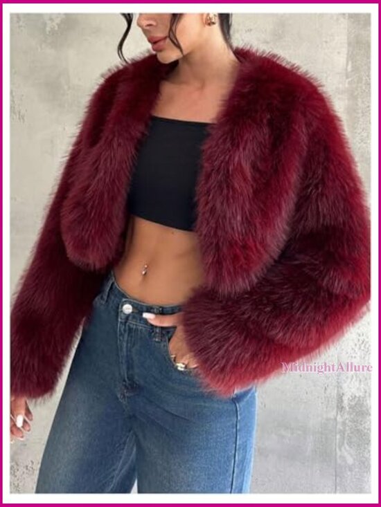 Faux Fur Cropped Jacket Open Front Women's Size S Teddy Coat - Picture 3 of 7